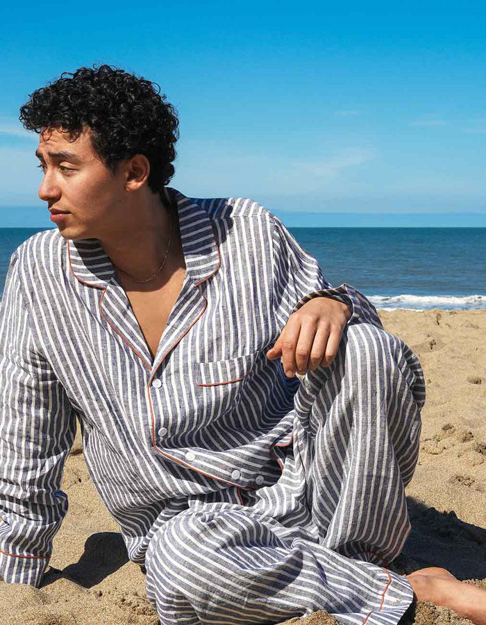 Men's Midnight Stripe Linen Pyjama Trouser Set