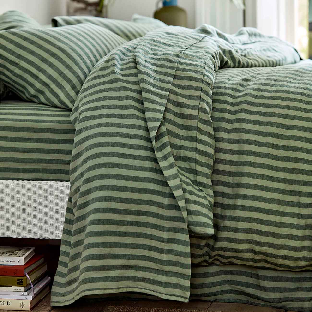 Pine Green Pembroke Stripe Linen Flat Sheet