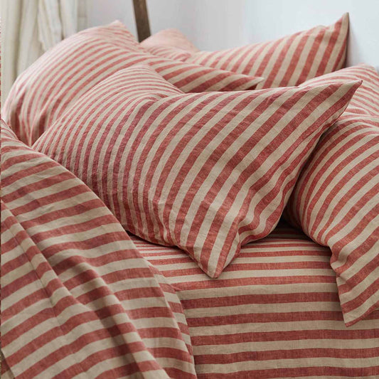 Sandstone Red Pembroke Stripe 100% Linen Pillowcases (Pair)