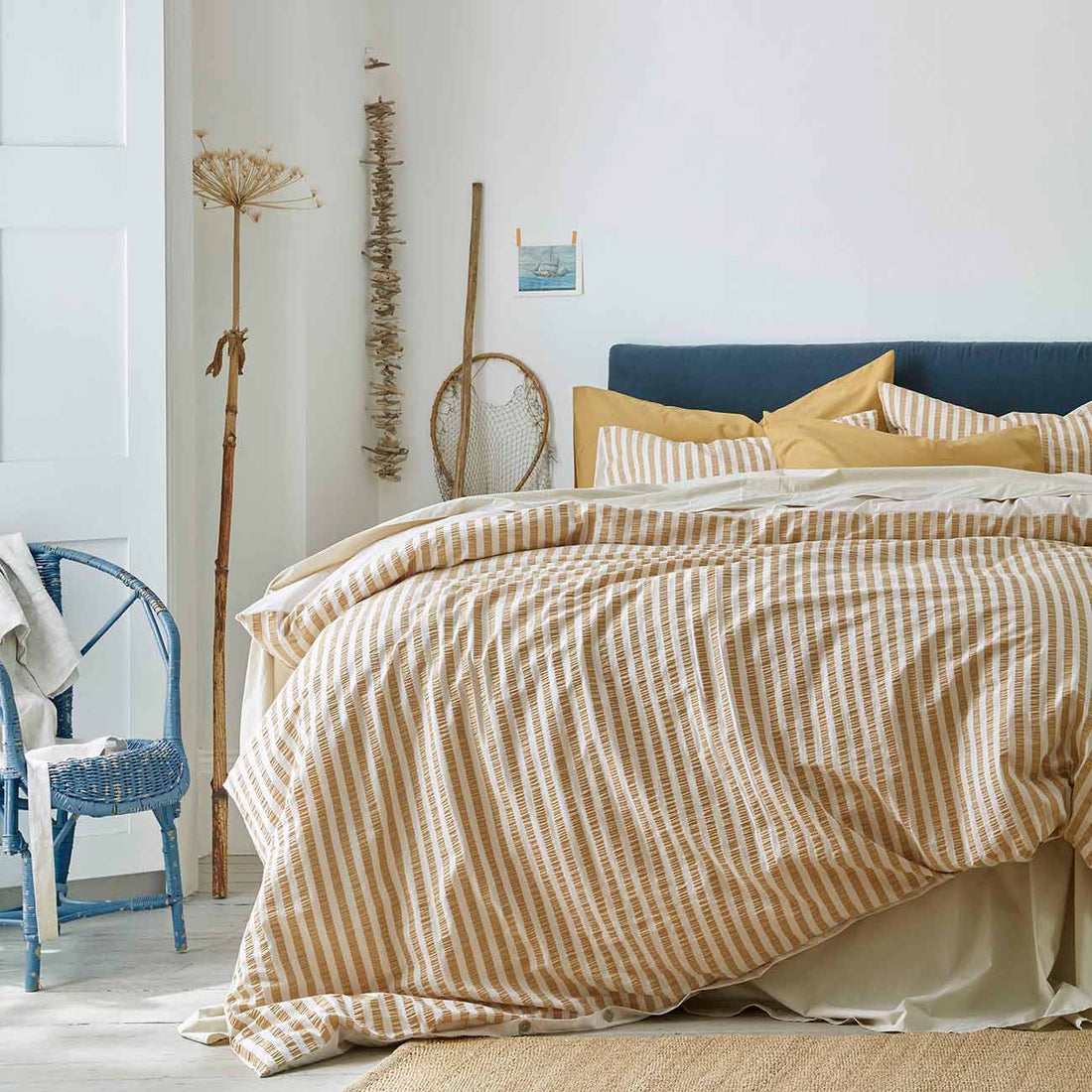 Ochre Seersucker Stripe Cotton Duvet Cover Piglet in Bed UK
