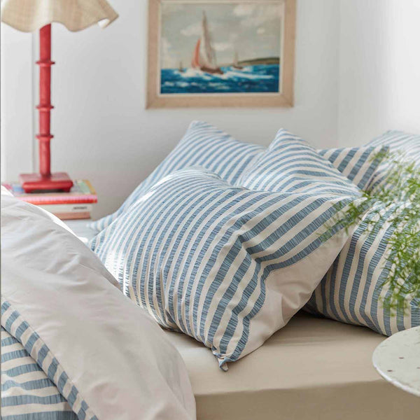 Warm Blue Seersucker Stripe Cotton Pillowcases (Pair)