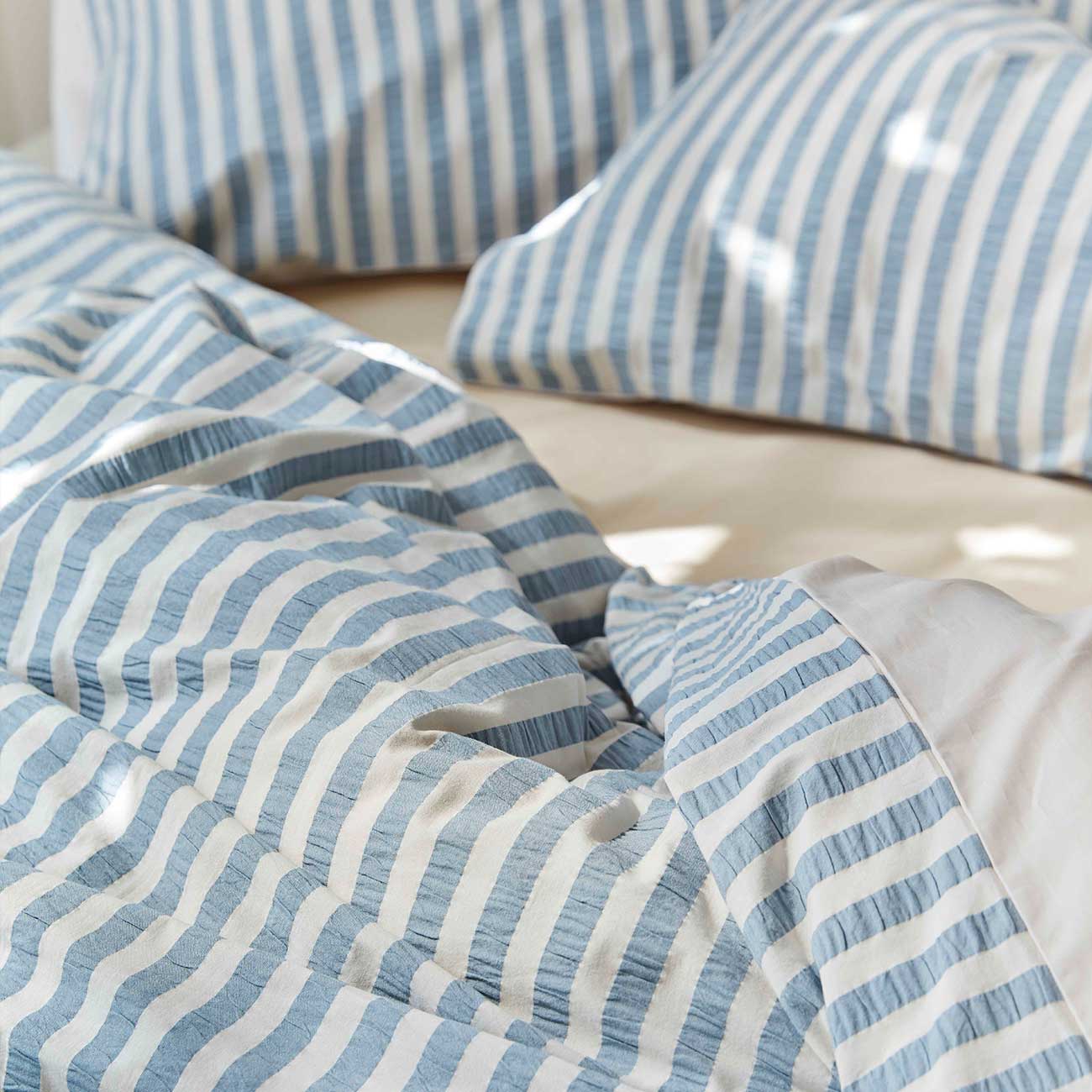 Single Warm Blue Seersucker Stripe Cotton Duvet Cover