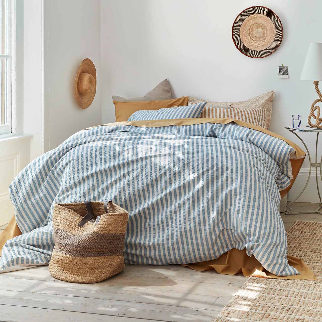 Warm Blue Seersucker Stripe Cotton Duvet Cover