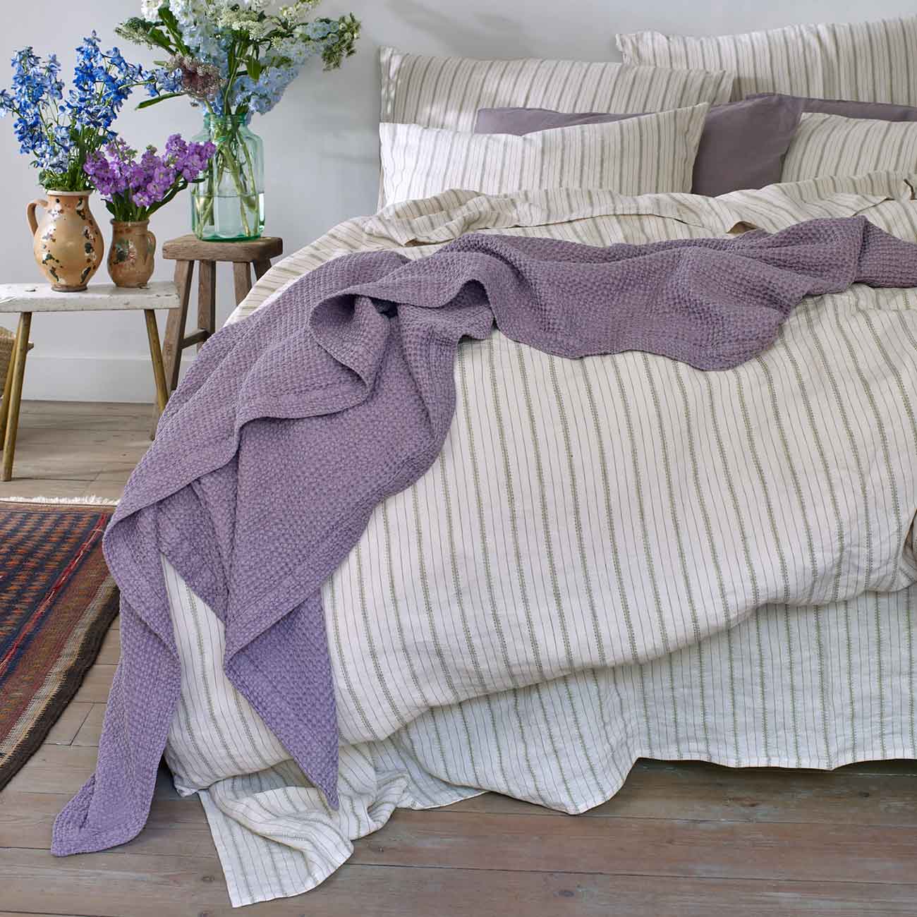 Elderberry Waffle Cotton Throw and Pear Ticking Stripe Linen Bedding