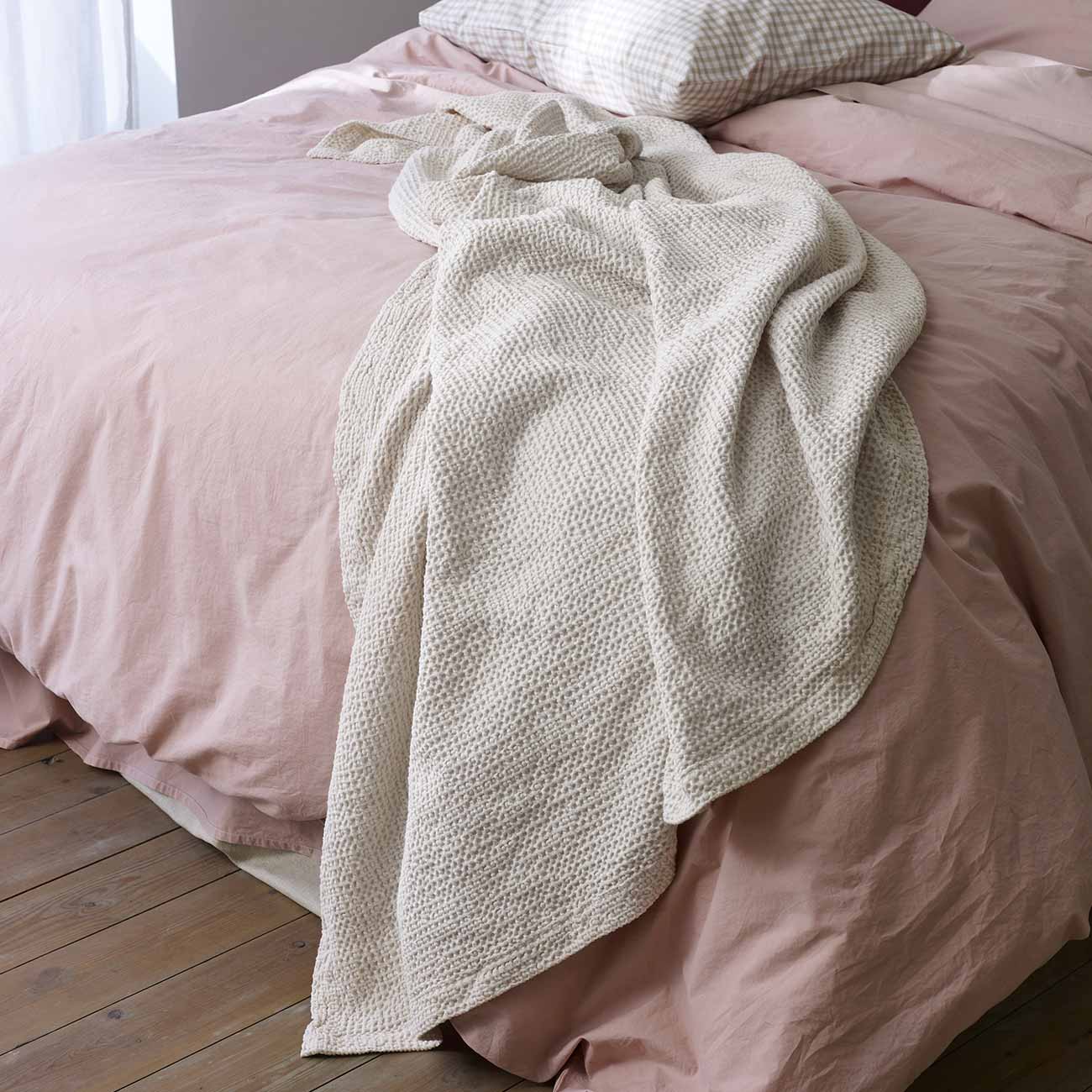 Parchment Waffle Cotton Throw and French Rose Washed Cotton Bedding
