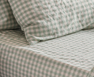 Drap-housse ajusté en mélange de lin et coton à carreaux vichy vert sauge