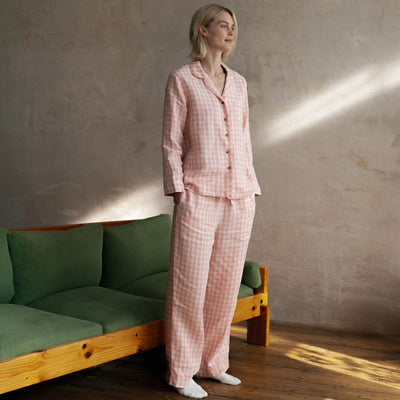 Pink Bloom Gingham Linen Pyjama Trouser Set