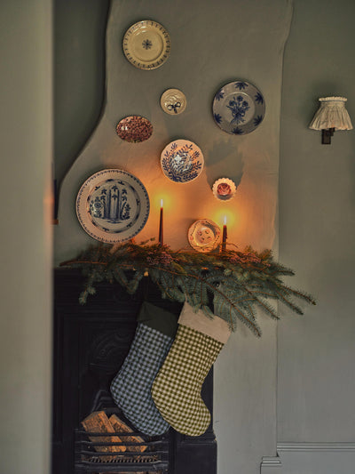 Botanical Green Gingham Linen Blend Christmas Stocking