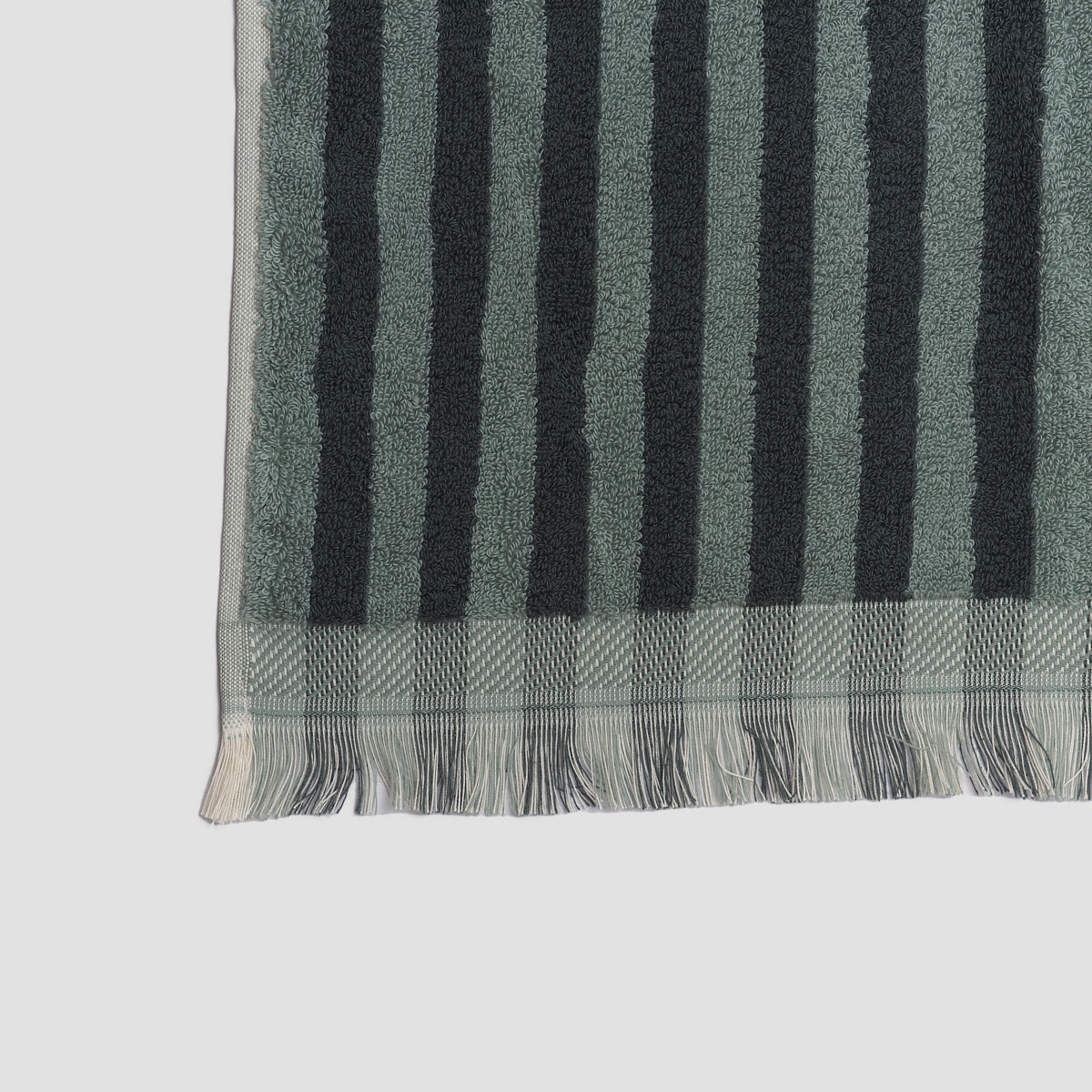 Pine Green Stripe Cotton Towel Fringe Detail