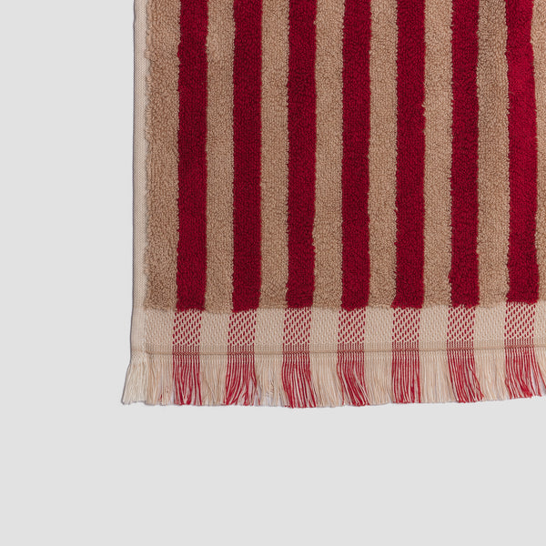 Sandstone Red Stripe Cotton Bath Towel Fringe Detail 