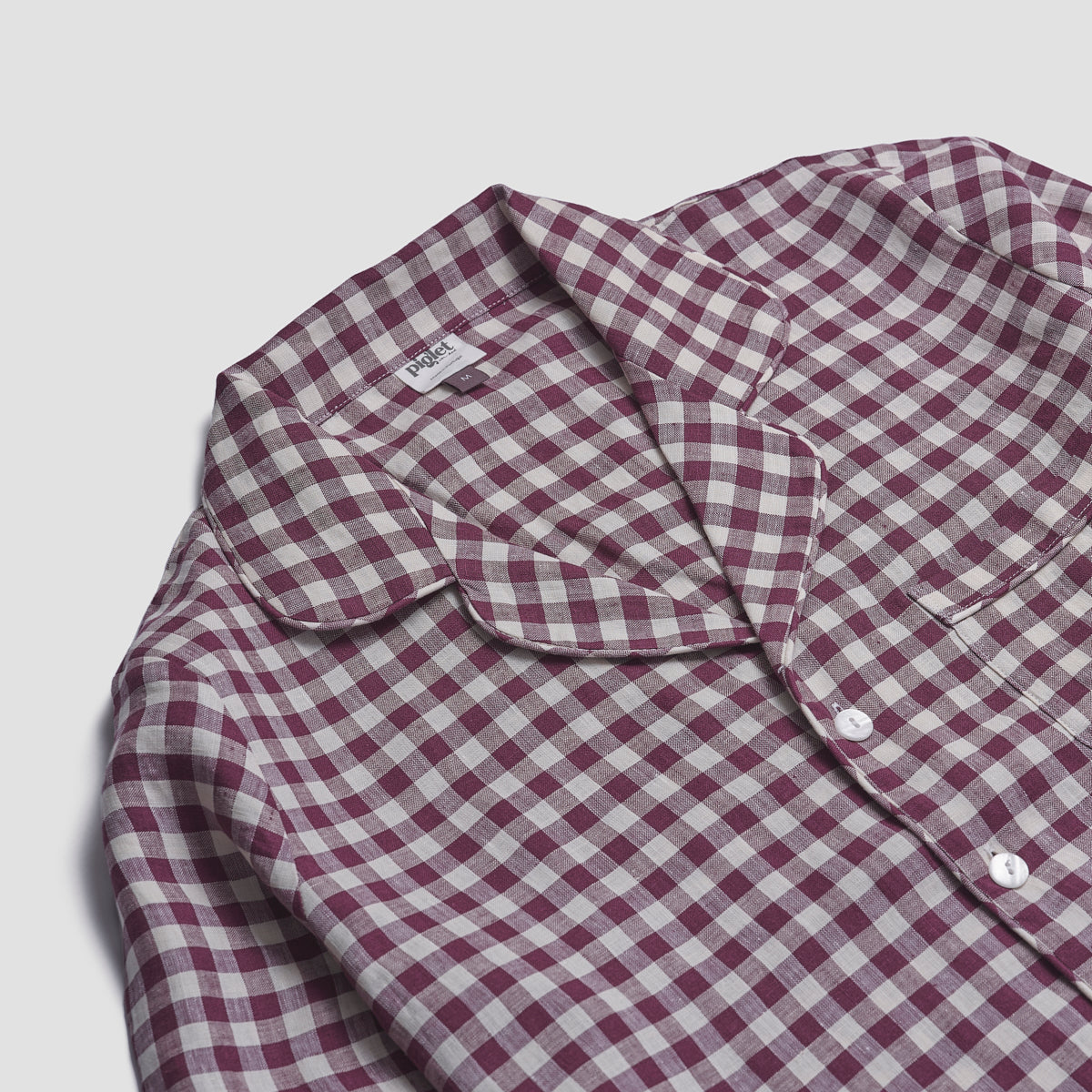 Men's Berry Gingham Linen Pyjama Shirt Collar Detail