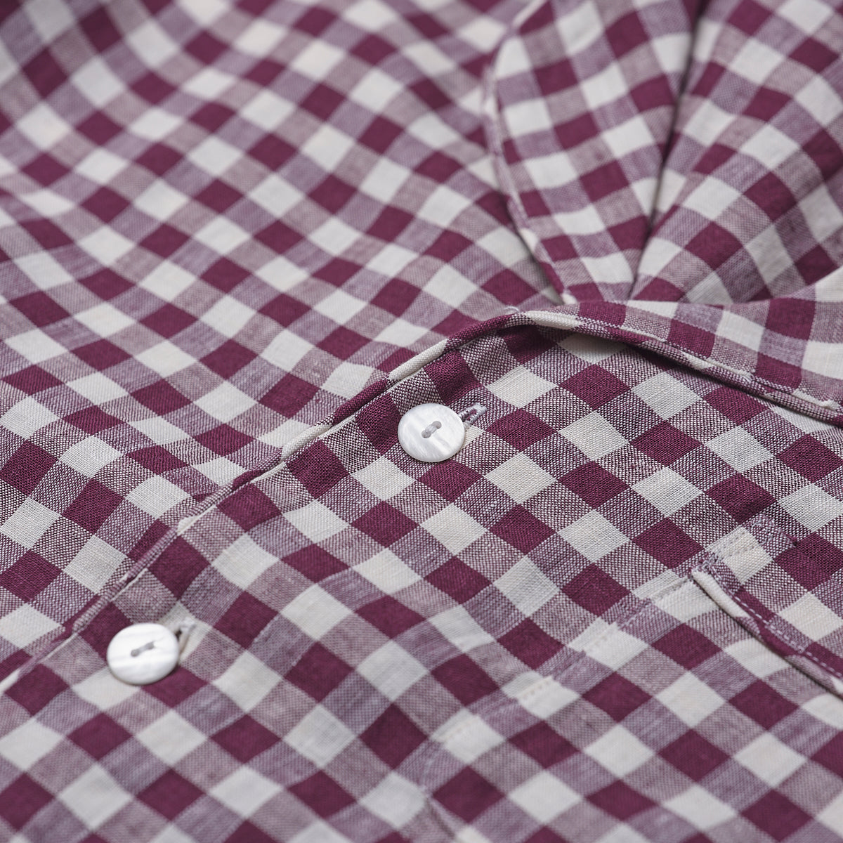 Men's Berry Gingham Linen Pyjama Shirt Button Detail