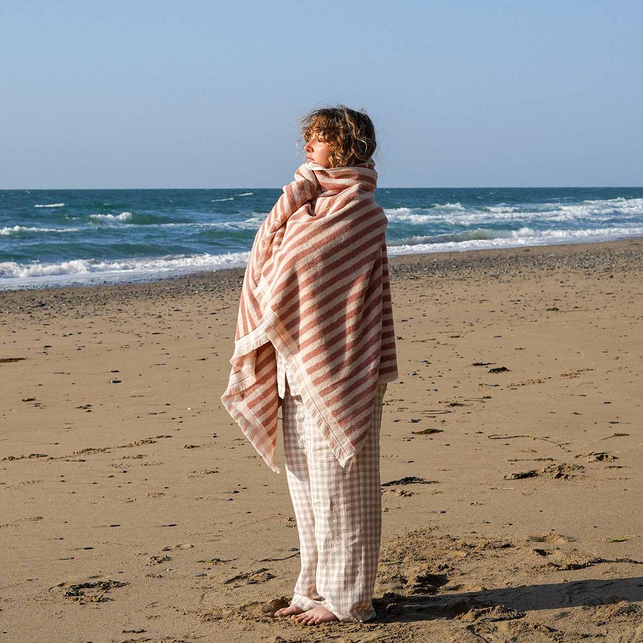 Sand Shell Stripe Cotton Bath Sheet and Mushroom Gingham Trouser Pyjama Set