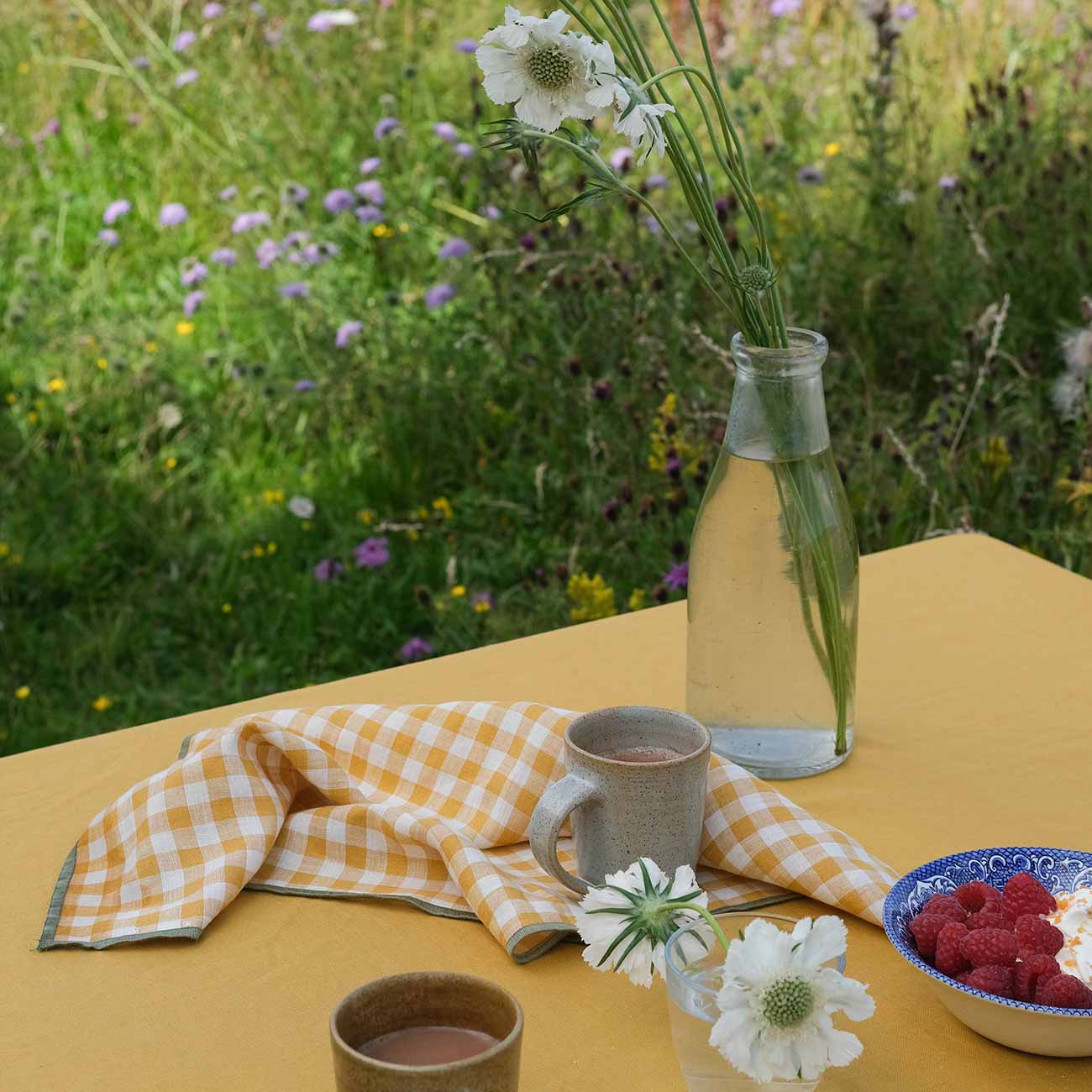 Honey Gingham Linen Napkin, Honey Linen Tablecloth and Pottery West Mugs
