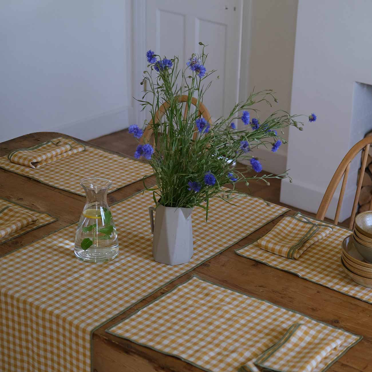 Honey Gingham Linen Placemats, Napkins and Runner