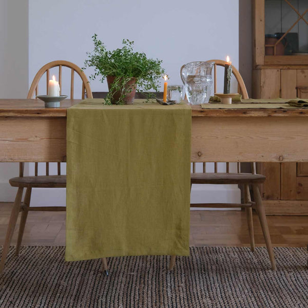 Botanical Green Linen Table Runner