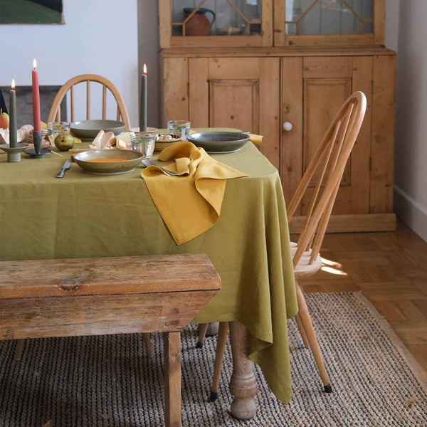 Botanical Green Linen Tablecloth, Honey Linen Napkins and Pottery West Dinner Bowls