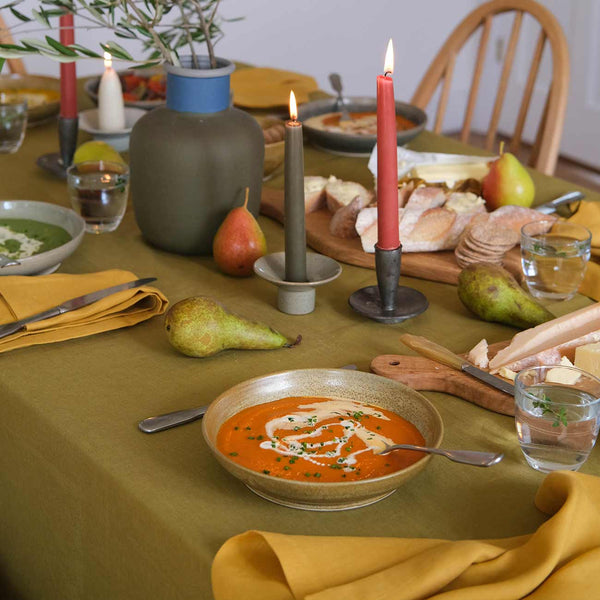 Botanical Green Linen Tablecloth, Honey Linen Napkins and Pottery West Dinner Bowls