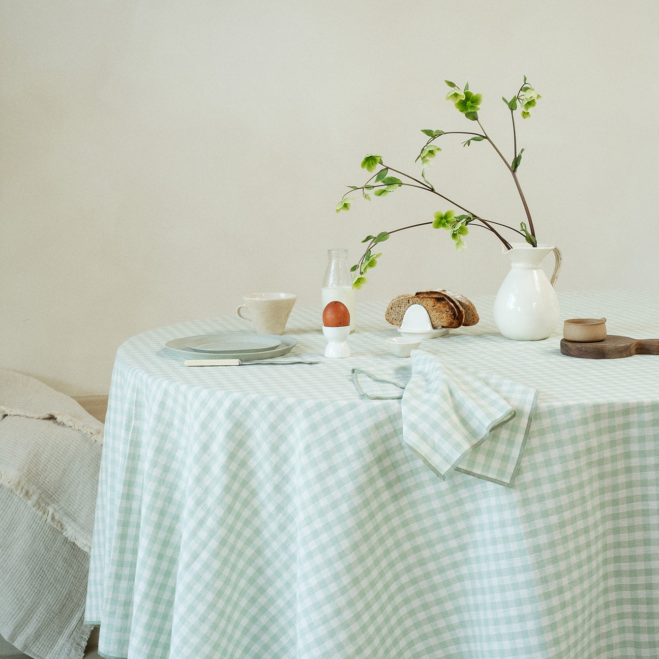 Sage Green Gingham Linen Blend Tablecloth | Piglet in Bed UK