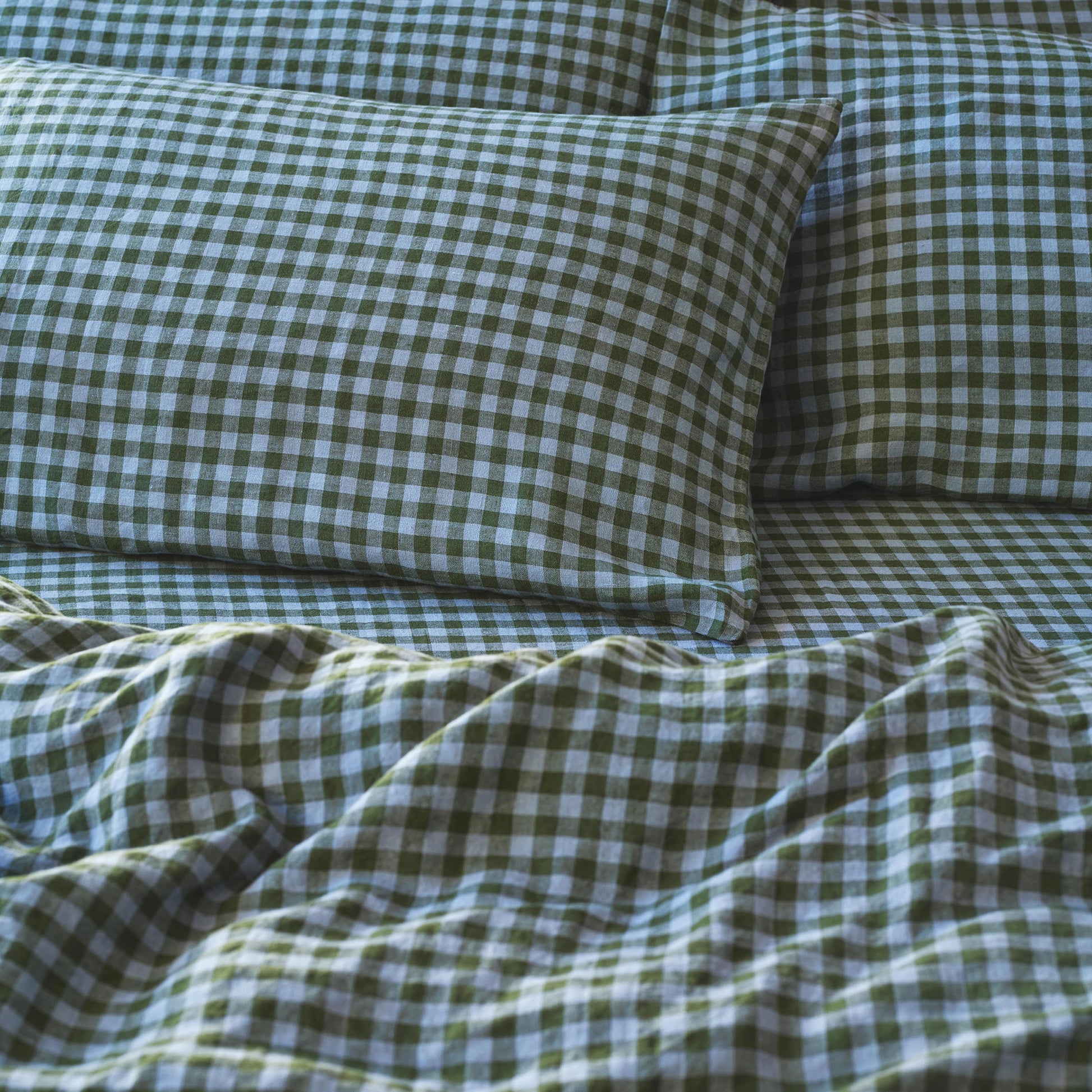 Fern Green & Dusk Blue Colour Drenched Gingham Linen Blend Pillowcases (Pair)