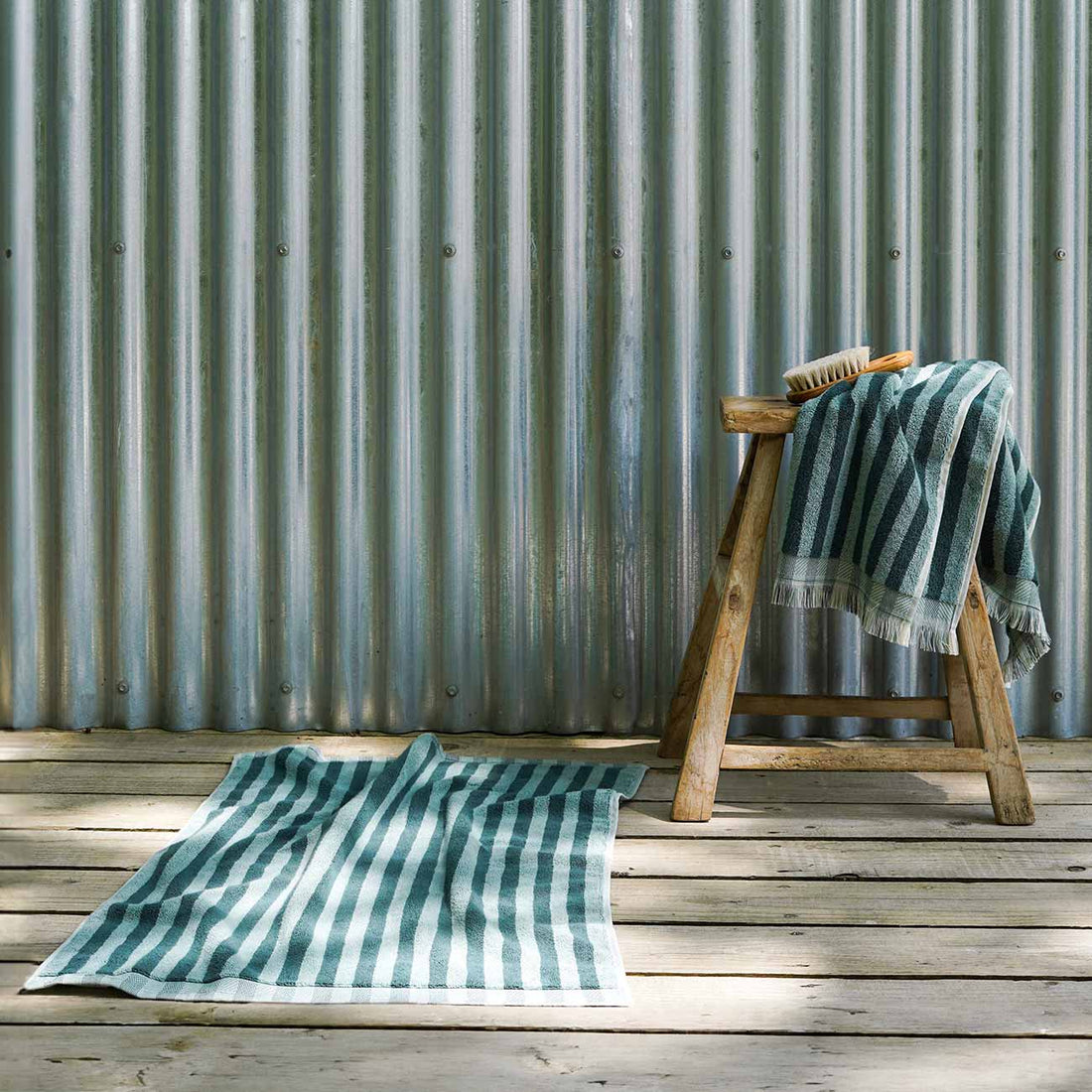 Pine Green Pembroke Stripe Cotton Bath Mat | Piglet in Bed UK