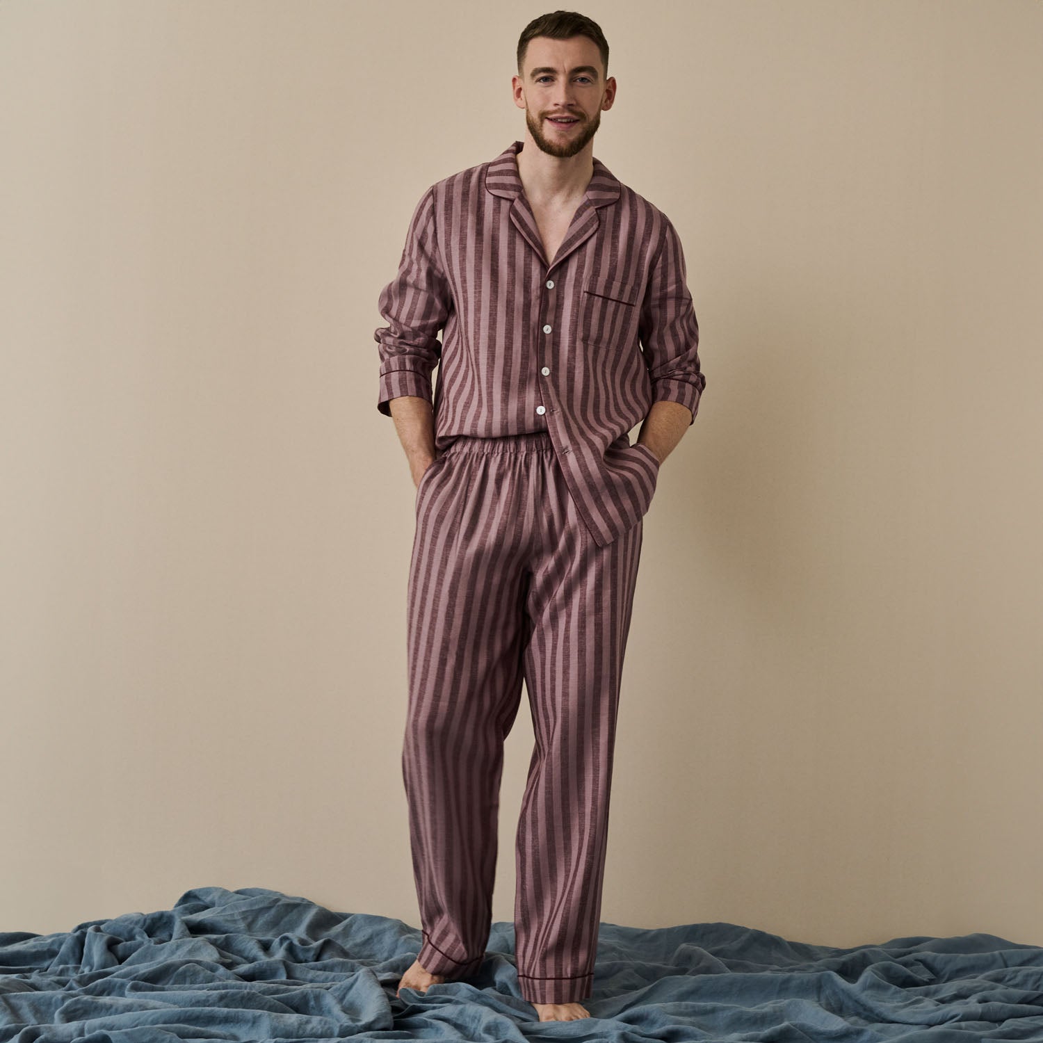 Port & Woodrose Striped Linen Men's PJ Trouser Set