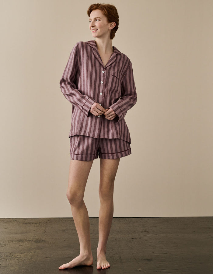 Port & Woodrose Striped Linen Women's PJ Shorts Set