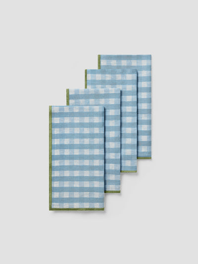 Warm Blue Gingham 100% Linen Napkins Set of 4