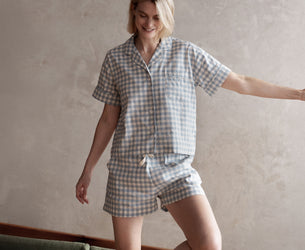 Warm Blue Gingham Linen Blend Pyjama Short Set