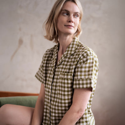 Botanical Green Gingham Linen Blend Pyjama Short Set