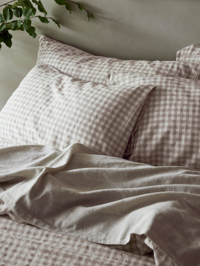 Mushroom Gingham 100% Linen Pillowcases (Pair)
