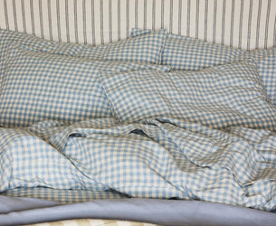 Warm Blue Gingham Linen Blend Duvet Cover