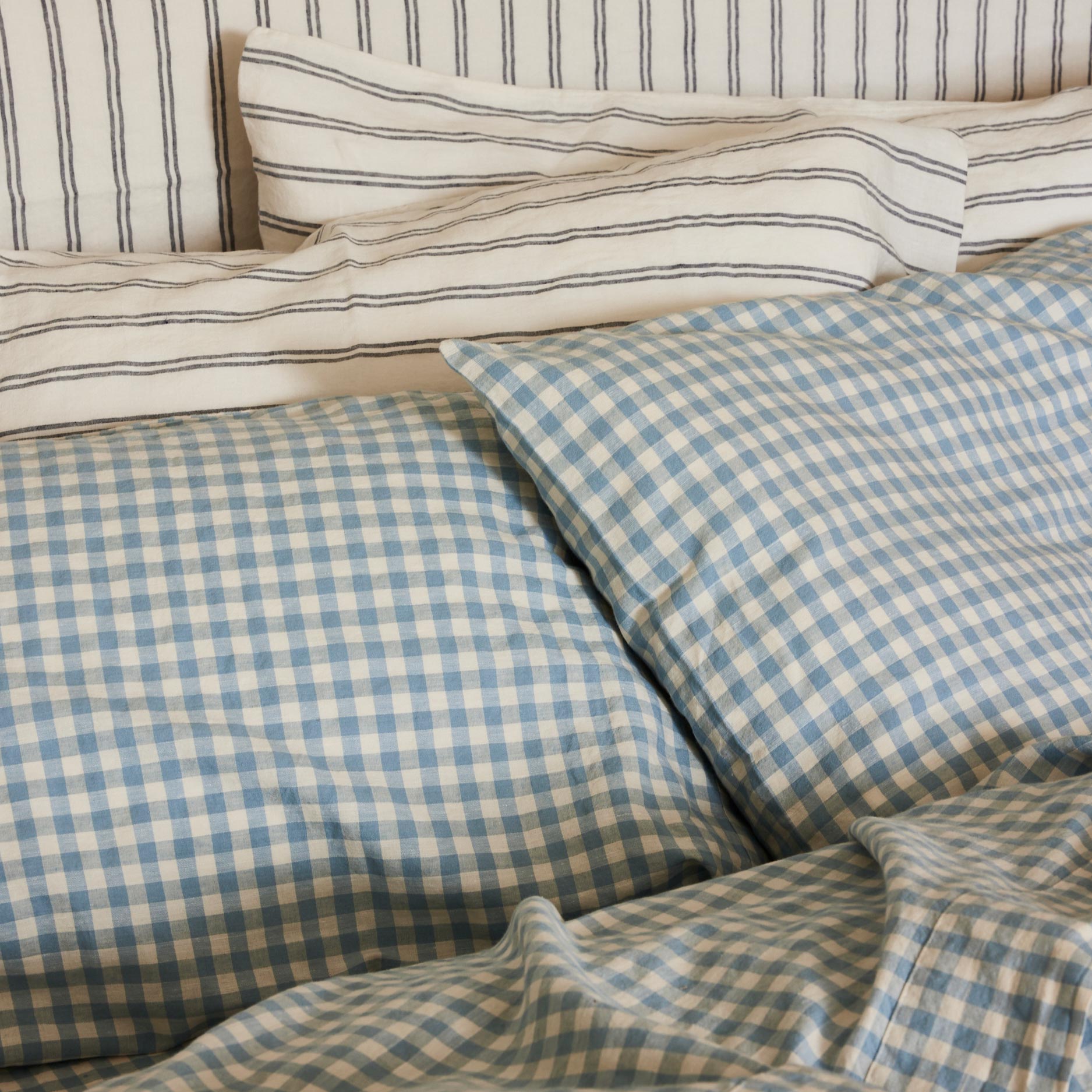 Warm Blue Gingham 100% Linen Pillowcases (Pair)