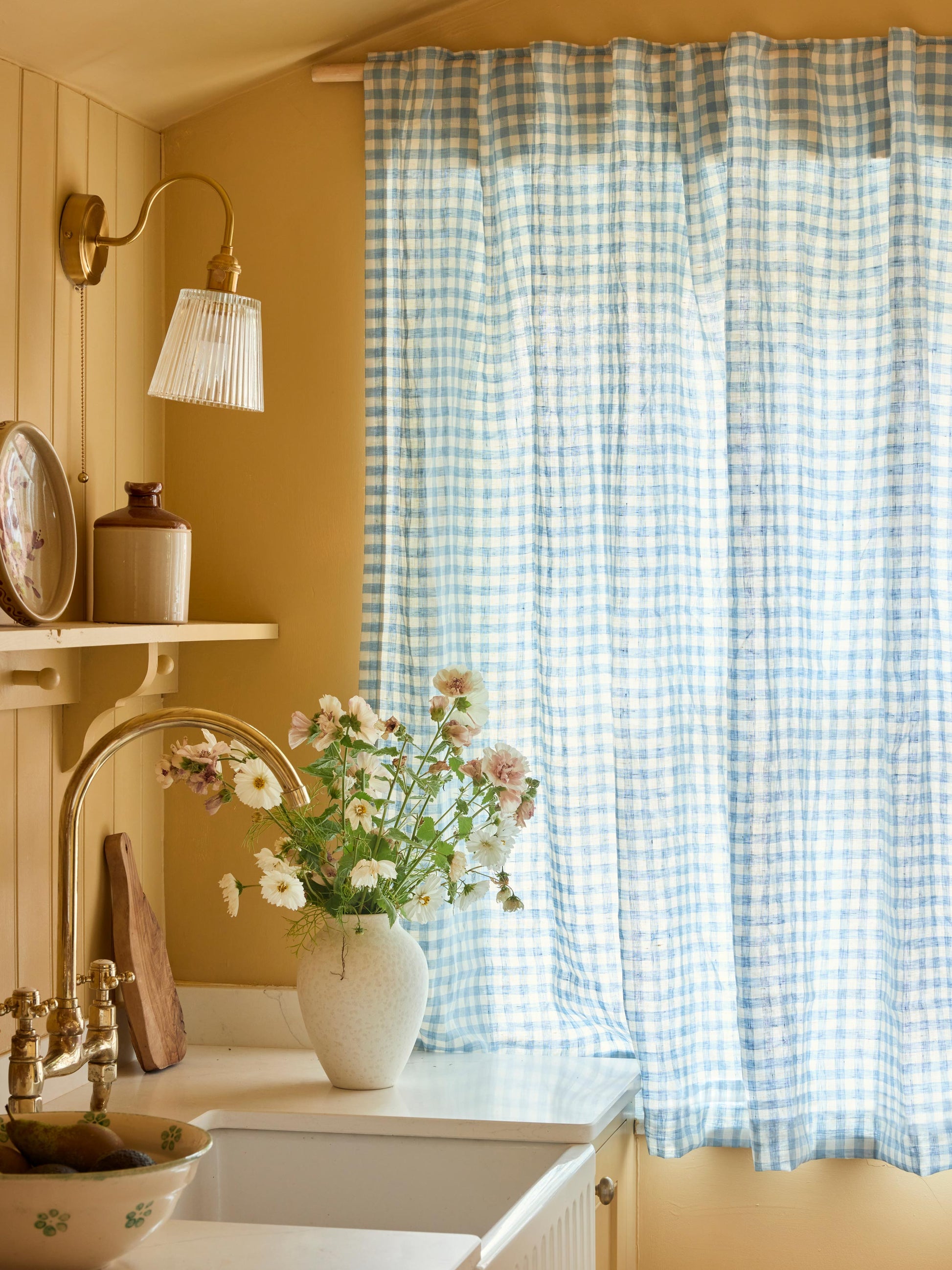 Warm Blue Gingham Linen Blend Curtains (Pair)