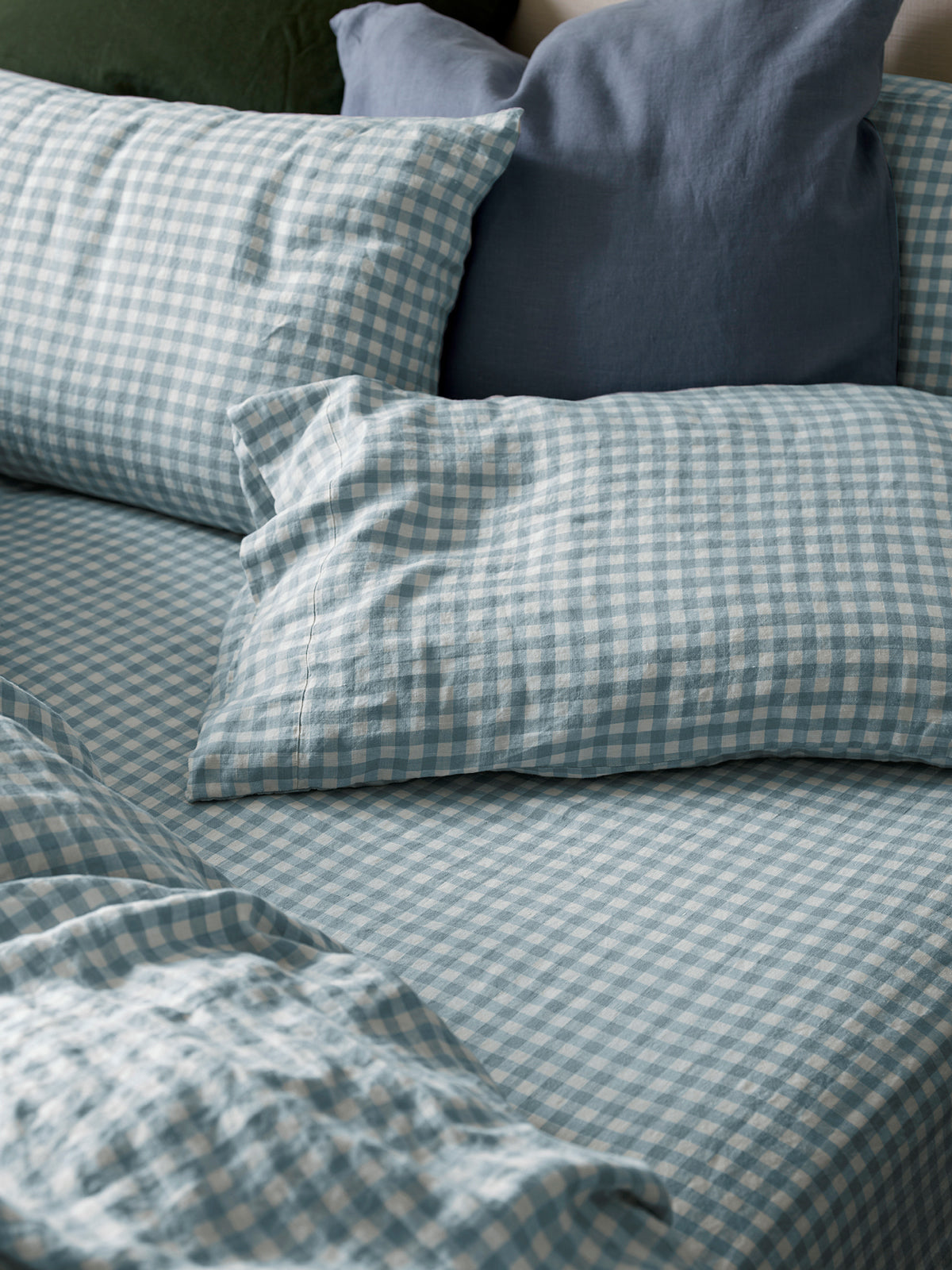 Warm Blue Gingham 100% Linen Fitted Sheet