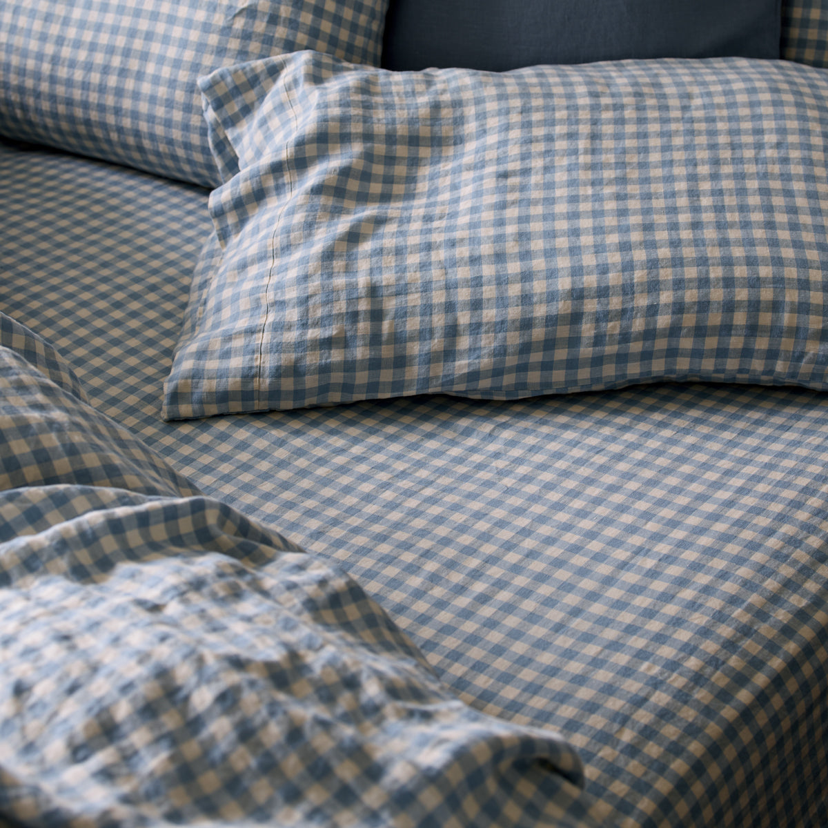 Warm Blue Gingham 100% Linen Pillowcases (Pair)