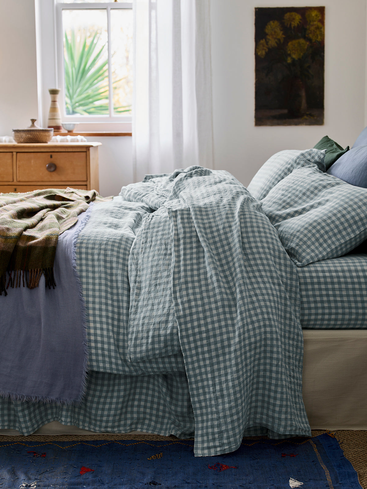 Warm Blue Gingham 100% Linen Flat Sheet