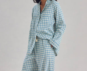 Warm Blue Gingham Linen Blend Pyjama Trouser Set