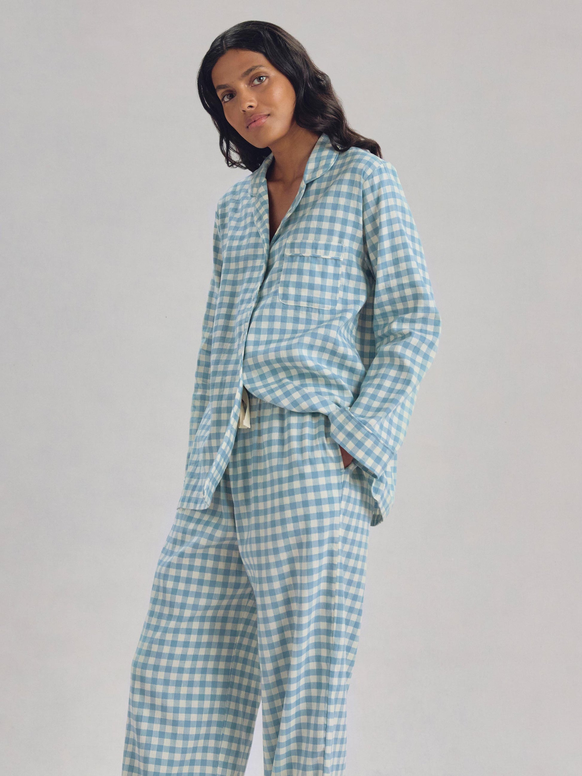 Warm Blue Gingham Linen Blend Pyjama Trouser Set
