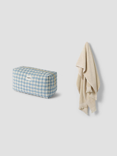 Warm Blue Gingham Wash Bag & Birch Towels Bundle