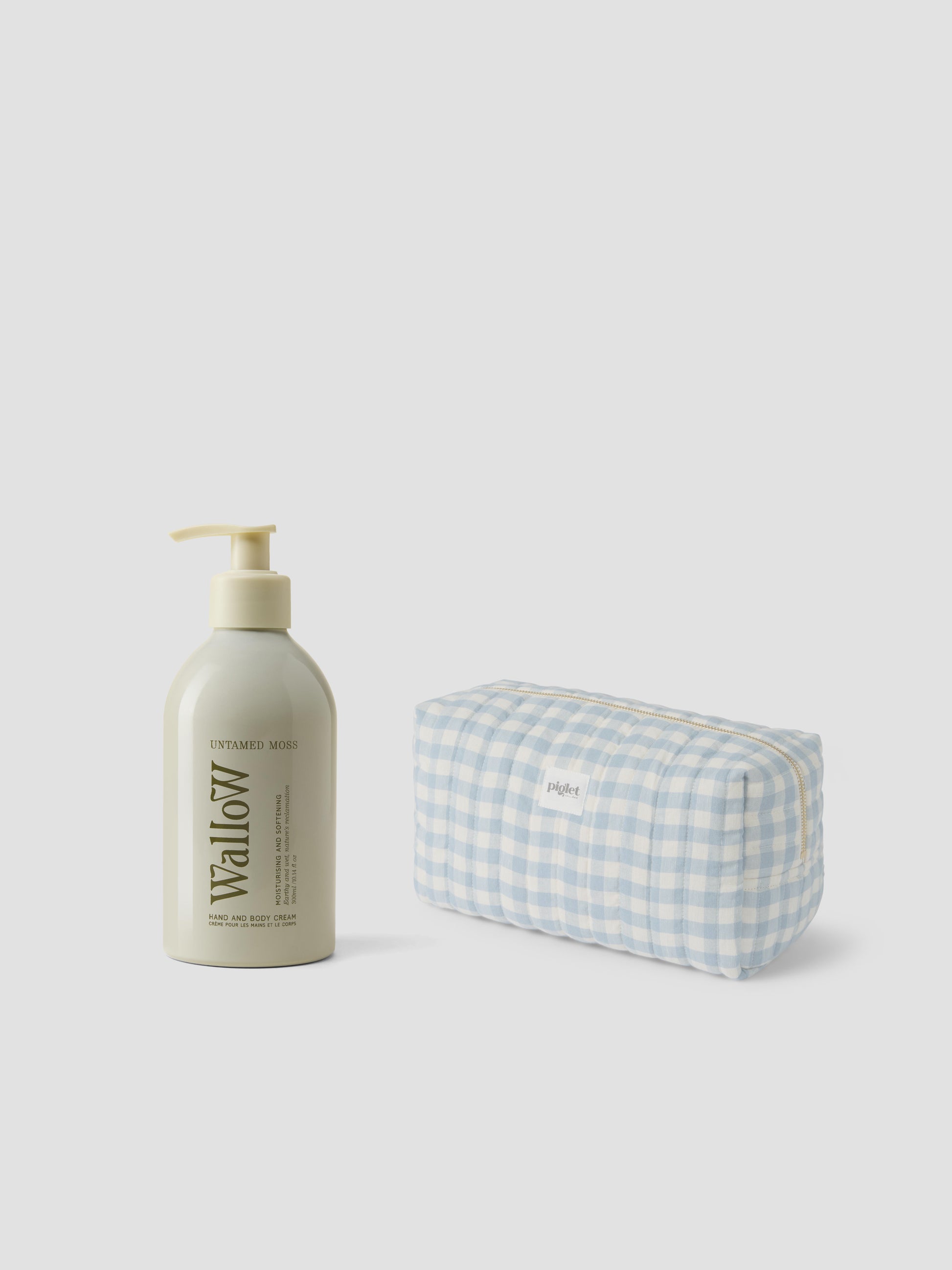 Warm Blue Gingham Wash Bag & Untamed Moss Hand & Body Cream Bundle