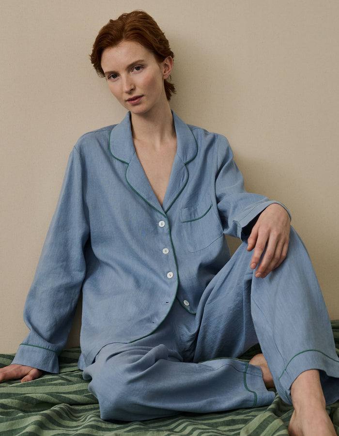 Wave Blue Linen Women's Pyjama Trouser Set