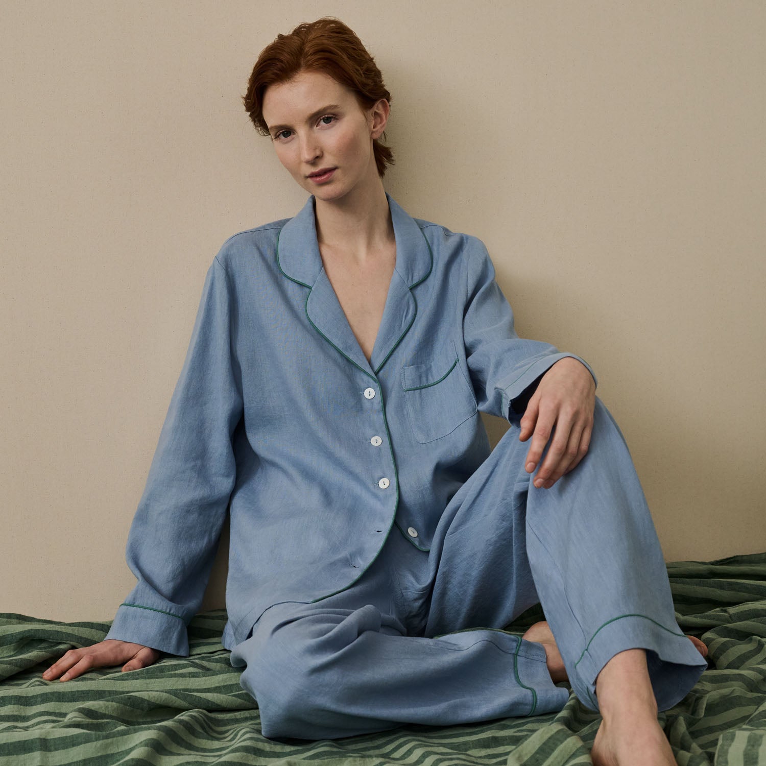 Wave Blue Linen Women's Pyjama Trouser Set