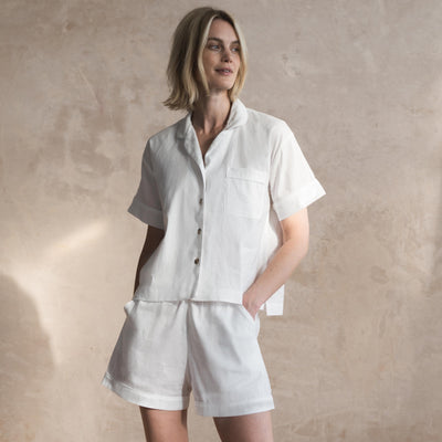 White Linen Blend Pyjama Short Set