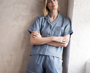 Dusk Blue Linen Blend Pyjama Short Set