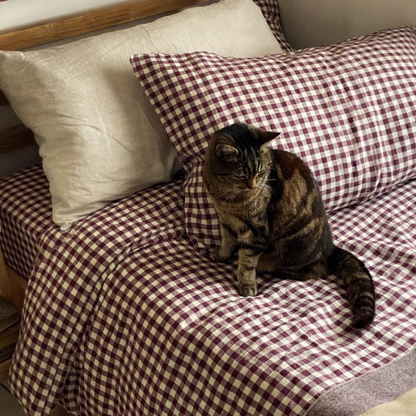 Berry Gingham Linen Fitted Sheet Piglet in Bed UK