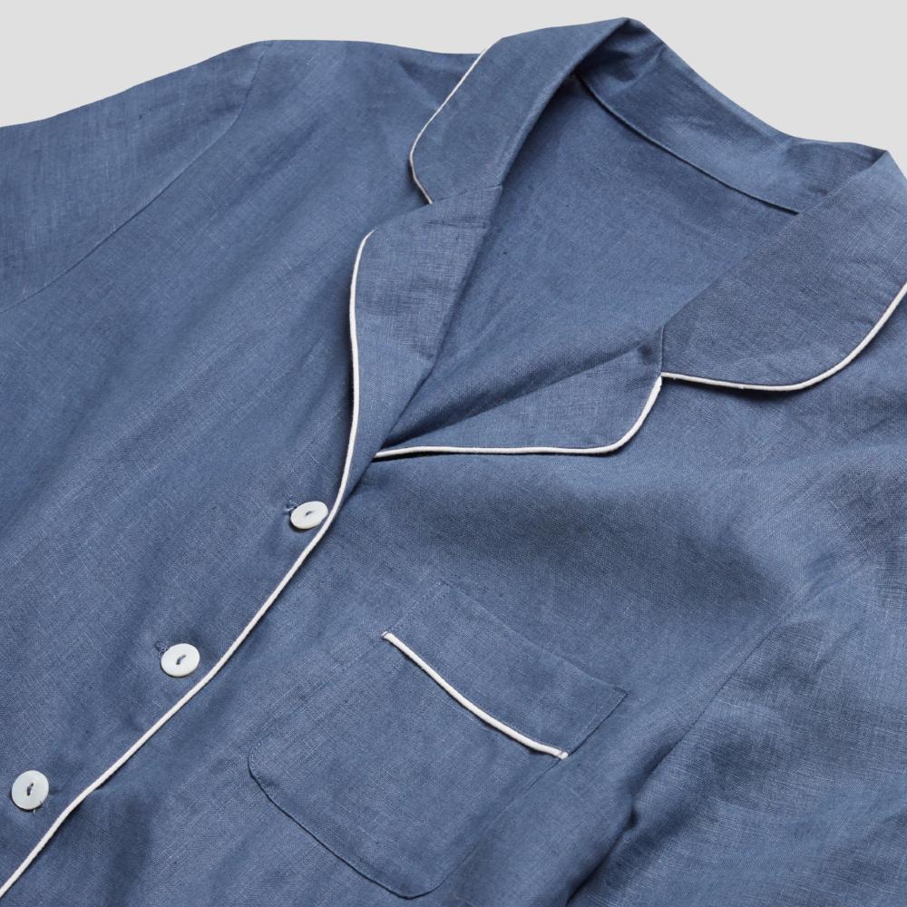 Women's Blueberry Linen Pyjama Shirt Collar Detail