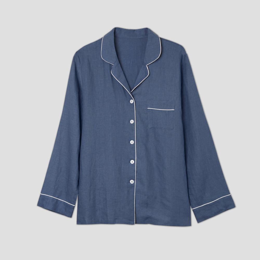 Men's Blueberry Linen Pyjama Shirt - Piglet in Bed