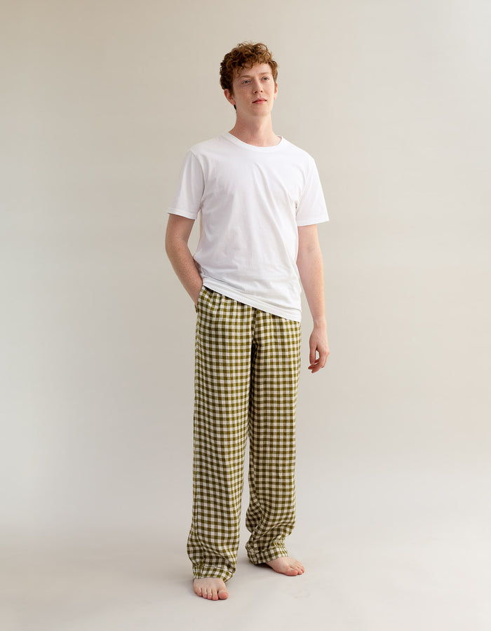 Men's Botanical Green Gingham Linen Pyjama Trousers - Piglet in Bed