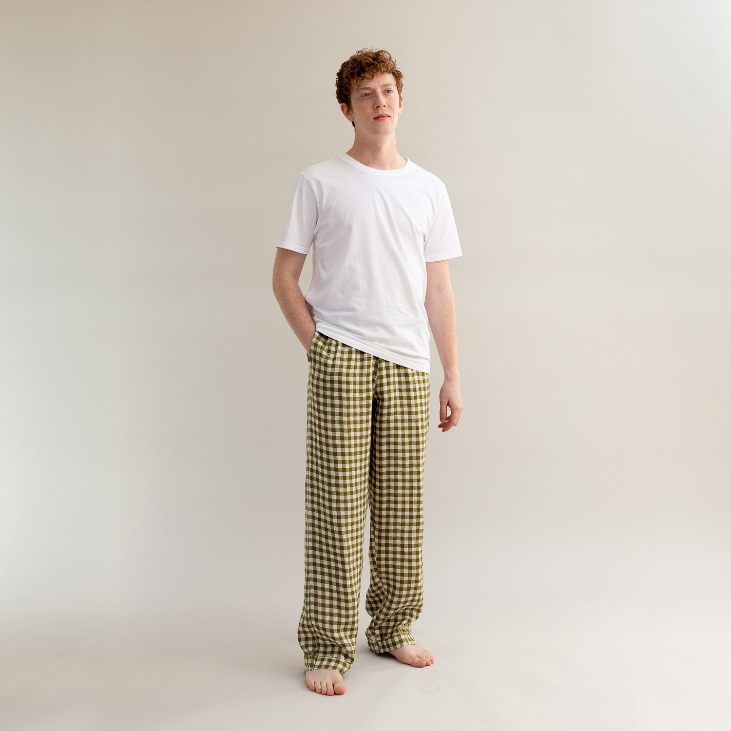 Men's Botanical Green Gingham Linen Pyjama Trousers - Piglet in Bed